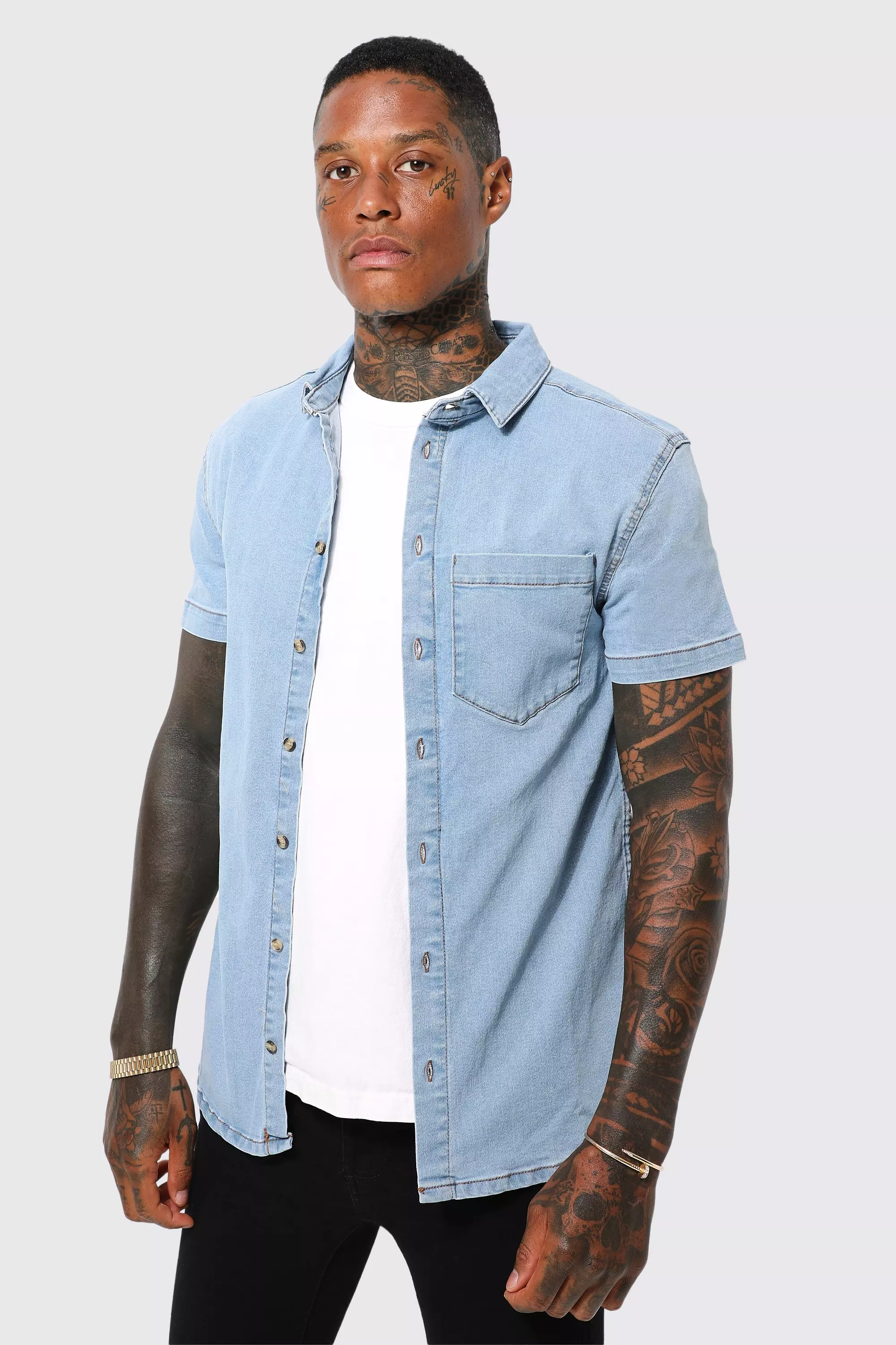 Short sleeve store denim shirt mens